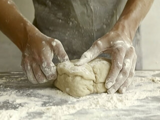 Closeup of hands kneading dough, showcasing the texture and process of bread making.  Perfect for food blogs, recipe websites, or bakingrelated advertising.