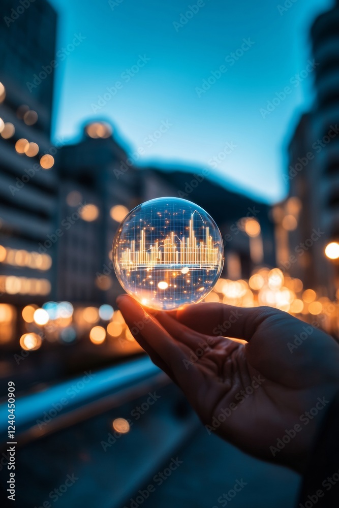Poster holographic urban trading interface futuristic handheld crypto data on transparent glass sphere - mo