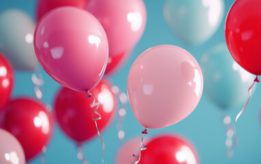 Colorful helium balloons floating against blue background