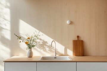 Minimalist Kitchen Design Neutral Light Wood and White Aesthetic for Modern Urban Living - Compact and Functional Storage Solutions for Efficiency