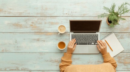 Nordic Minimalist Workspace Young Latina Remote Learner Engaged with Laptop and Notepad on Natural Wooden Desk - Digital Education and Fast-Learning Study Solutions