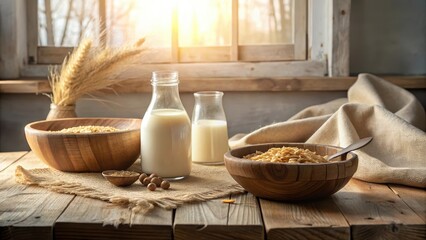 Rustic Still Life Featuring Cereal, Milk, and Grain in Wooden Bowls on a Wooden Table by a Window