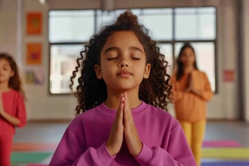 Mindful Kids Yoga Session Diverse Children Practicing Tree Pose on Vibrant Mats in Sunlit Gym - Educational Wellness and Cultural Enrichment for Schools