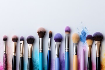 Colorful makeup brushes arranged in a line with vibrant powder splashes on a light background