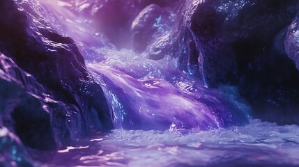 Purple Glowing Waterfall Flowing Through a Dark Cave