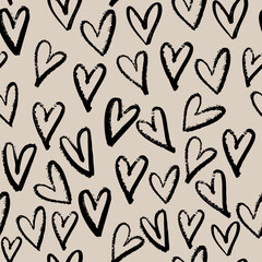 Ink crayon heart love grunge seamless pattern Valentine's Day background hand drawn wrapping paper, apparel. 