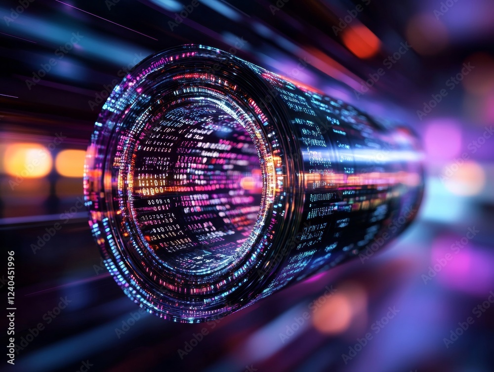 Aufkleber Futuristic Cybersecurity Graphic Dynamic Binary Code Tunnel with Vivid Light Effects - Enhancing Data Protection for Tech-Driven Enterprises and Digital Innovation Strategies