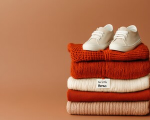 Minimalist Neutral Setup Folded Childrens Clothes and Sneakers with For Little Heroes Note - Philanthropy Content and Simple Donation Campaign Imagery