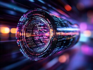 Futuristic Cybersecurity Graphic Dynamic Binary Code Tunnel with Vivid Light Effects - Enhancing Data Protection for Tech-Driven Enterprises and Digital Innovation Strategies