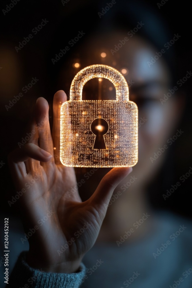 Leinwandbilder cutting-edge cybersecurity aesthetic holographic padlock in hands against seamless digital interface