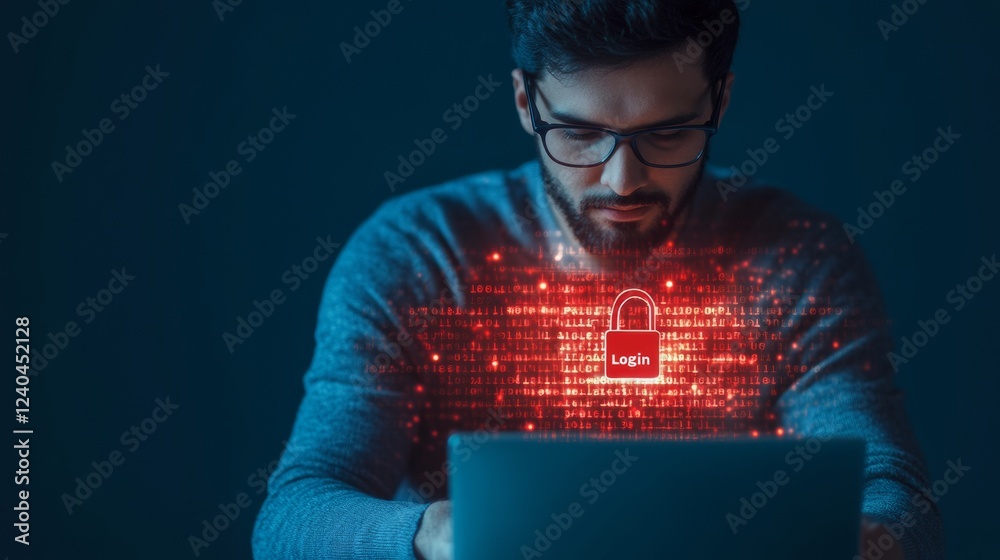 Poster urban cybersecurity focus young indian professional securing digital interface on laptop with code o
