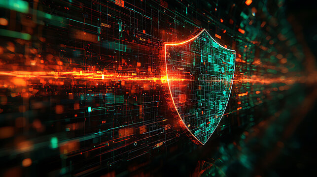 Cybersecurity shield concept.  Intricate digital shield glowing with vibrant orange and teal hues, set against a futuristic, datastream background.