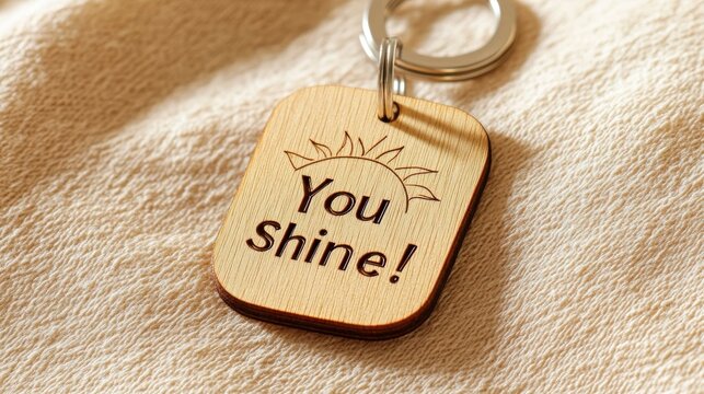 A smooth wooden keychain with a laser-engraved smiling sun and the text "You Shine!" placed on a soft beige surface.