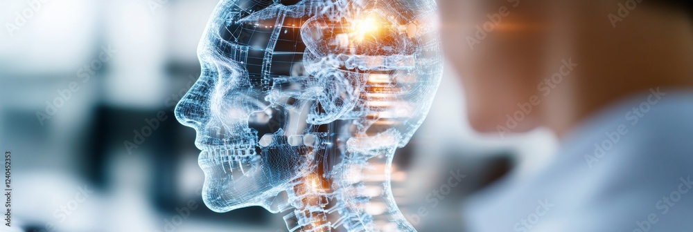 Aufkleber Futuristic Digital Collaboration AI-Driven Computer Model with Human Interaction - Enhancing Cross-Cultural Teamwork and Innovation in High-Tech Workspace for Business Growth