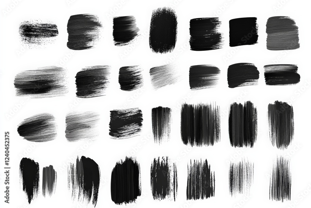 Poster collection of black paint strokes on white background showcasing various brush techniques and textur