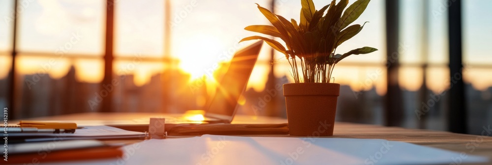Poster sun-drenched office workspace modern collaborative desk with green plant and documents - enhancing p