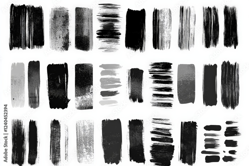 Poster Black and white brush stroke patterns showcasing various textures and techniques for artistic projects and design use