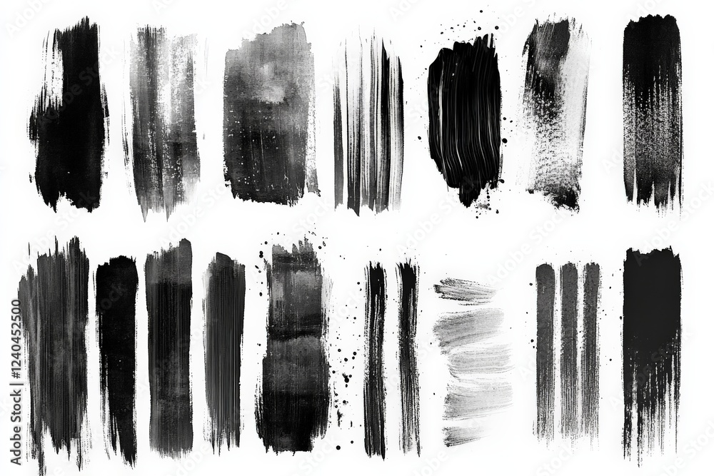 Poster collection of various black and white brush strokes for artistic and design projects