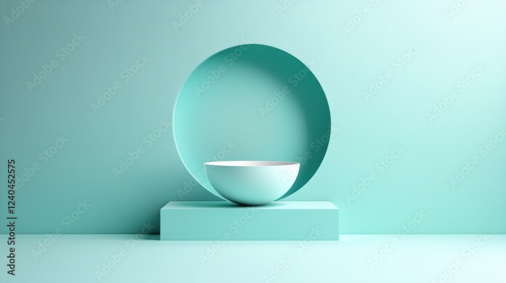 Poster elegant minimalistic setup featuring a white bowl on a teal pedestal in a calm setting for creative 