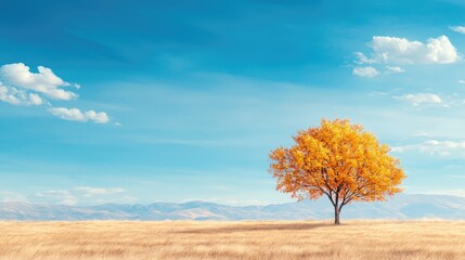 Golden autumn tree, serene field, mountains, clear sky; nature peace