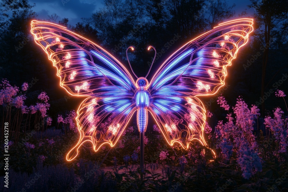 Poster intricate neon butterfly illuminates a garden at twilight with vibrant colors and delicate flowers s