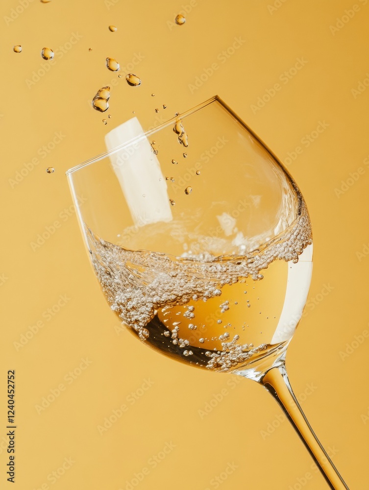 Poster vibrant beverage dynamics crystal wine glass with splashing liquid on bold ochre - artistic editoria