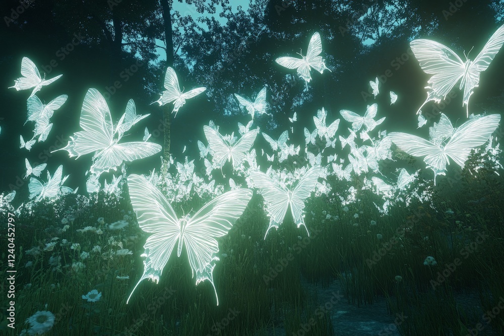 Poster ethereal butterflies illuminated at twilight in a tranquil forest clearing surrounded by wildflowers