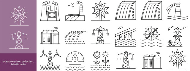 Set of  outline icons to hydropower. hydropower Linear icon collection. Editable stroke. Vector illustration