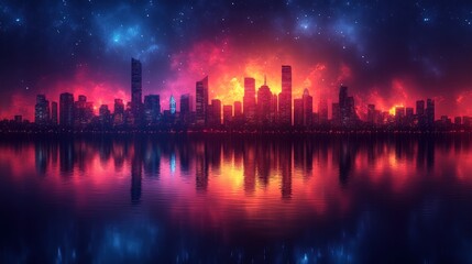 Cityscape burning, night sky reflection, fantasy art, game backdrop