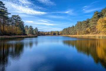 Obraz premium A serene lake reflects the blue sky and lush trees, surrounded by autumn foliage, creating a tranquil nature scene.