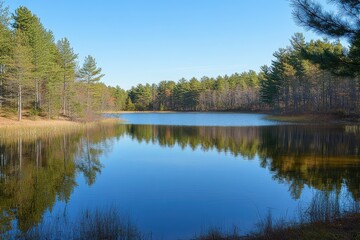 Fototapeta premium A serene lake surrounded by lush trees reflects the clear blue sky, creating a peaceful natural landscape ideal for relaxation and outdoor activities.