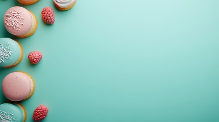 Colorful Donuts and Raspberries on Soft Teal Background Perfect for Sweet Treats and Dessert Themes