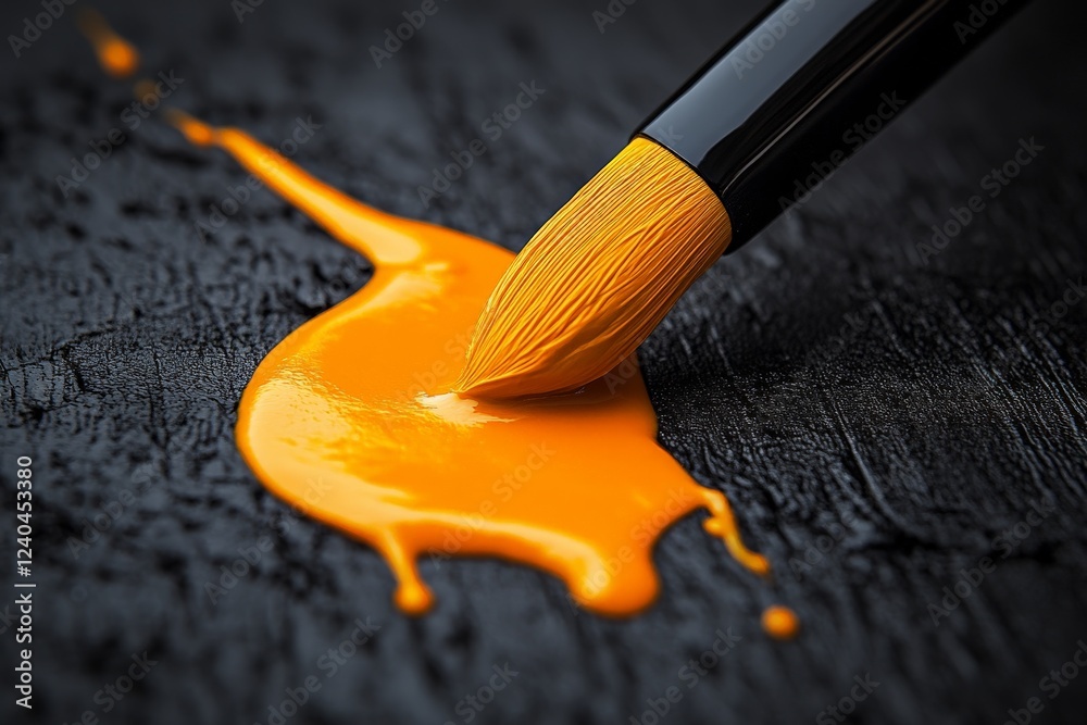 Poster bright orange paint flows from a brush on a textured black surface creating an artistic contrast