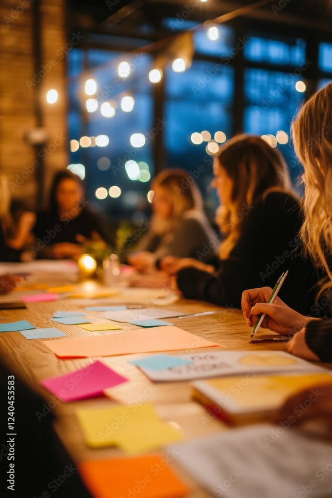 Aufkleber Cozy Collaborative Learning Diverse Group with Colorful Sticky Notes and Open Books on Wooden Table - Enhancing Creativity and Teamwork in Modern Educational Spaces