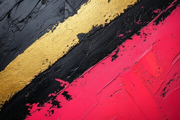 Colorful abstract painting with bold black, gold, and red strokes on textured canvas