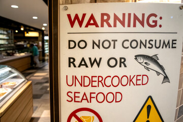 A warning sign advising against consuming raw or undercooked seafood, with a cautionary fish graphic and a yellow hazard symbol.