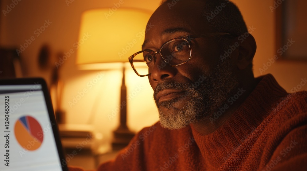 Poster Warm Work Space Vibes Middle-Aged Black Man Analyzing Market Data with Stylish Laptop and Notepad - Insightful Digital Strategy and Home Office Efficiency in Business Innovation