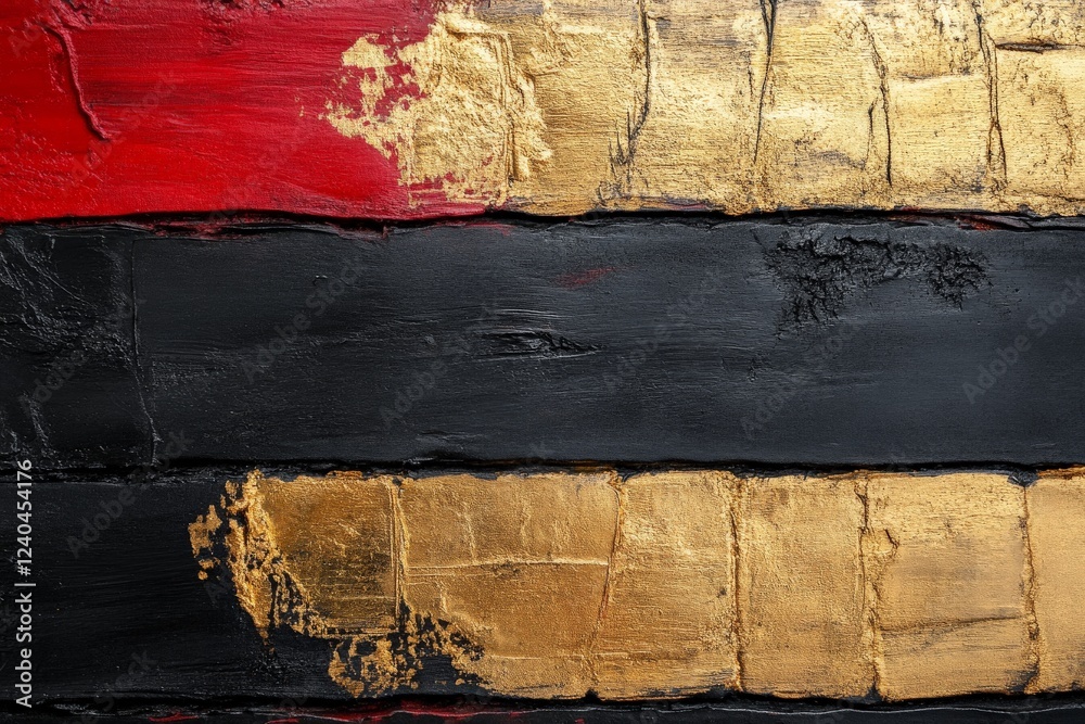 Poster abstract art composition featuring red, black, and gold stripes on textured canvas in a vibrant disp