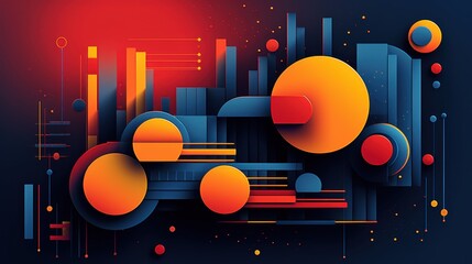 Abstract Geometric Composition in Vibrant Red Orange and Blue Hues A Modern Digital Artwork Featuring Overlapping Shapes and Lines