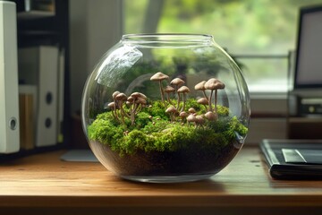 A small glass terrarium containing moss and tiny hand-sculpted mushrooms, placed on a wooden desk.
