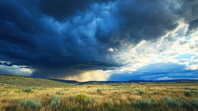 Dramatic storm clouds rolling in over a landscape, with rays of sunlight breaking through