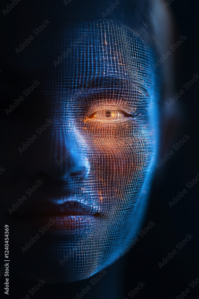 Leinwandbilder Futuristic Biometrics Digital Face Grid with AI-Focus for Advanced Identity Verification in Cybersecurity - Tech Interface Enhancing Secure Access Control Systems