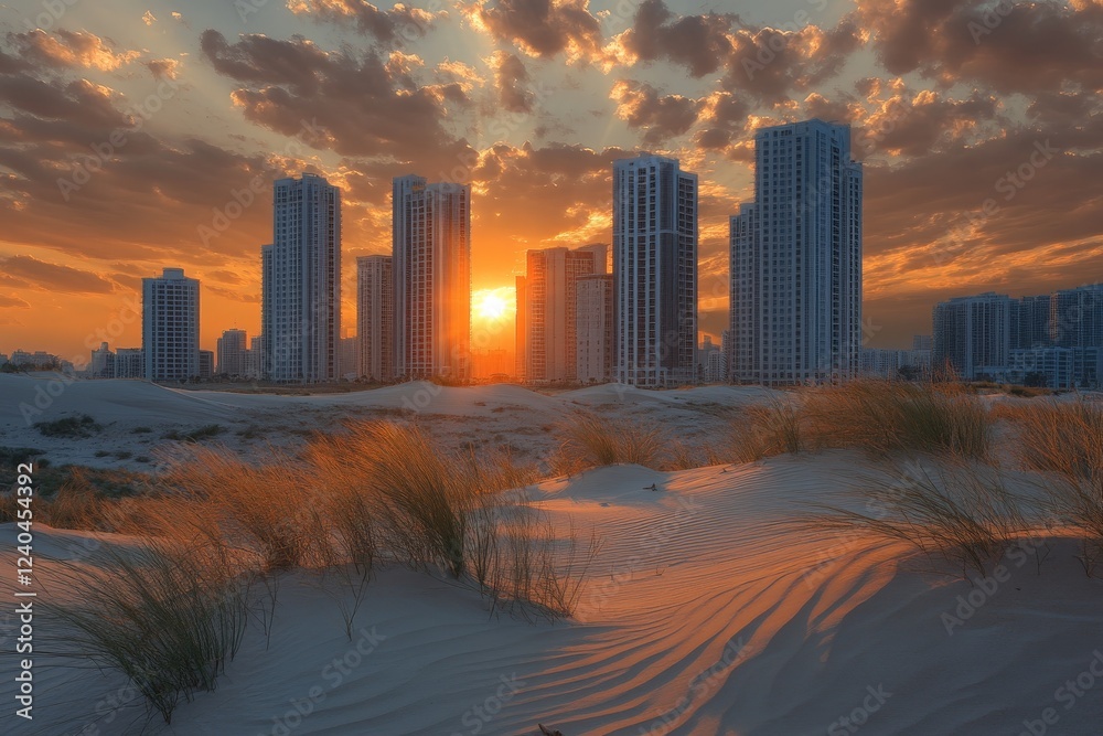 Poster sunset view over urban skyline with sandy dunes in foreground and dramatic clouds in evening light