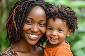 Fototapeta premium Mother and child share a joyful moment in a lush outdoor setting during a sunny day