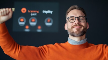 Innovative Gamification in Corporate Training Sleek Office with Digital Progress Trophy Exchange Modern Learning and Productivity Boost for Professionals