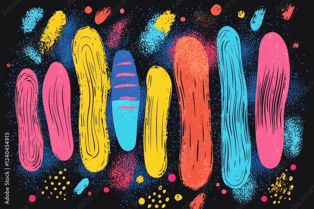 Poster Colorful abstract shapes with vibrant patterns on a black background showcasing artistic creativity and modern design