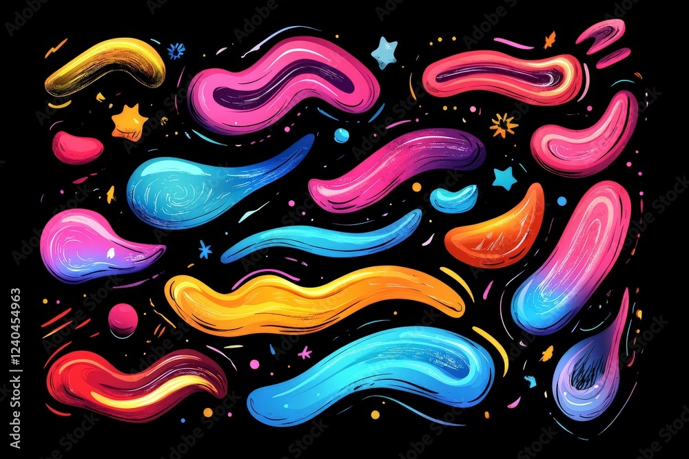 Poster colorful abstract shapes with stars and swirls on black background creating a vibrant artistic expre