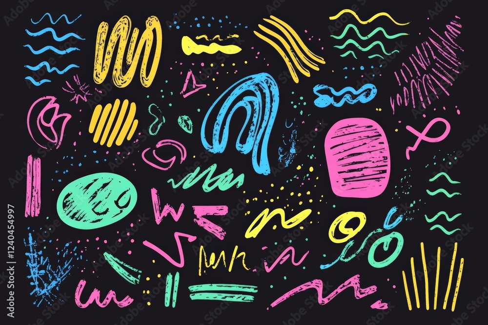 Poster Colorful abstract doodles on a black background showcasing various shapes and patterns created with vibrant chalk-like textures