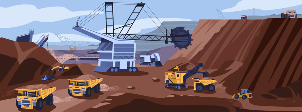Landscape of working quarry. Excavators, dump trucks dig sand pit. Opencast mining scene. Extraction of ore, minerals, coal with machineries, engines of heavy industry. Flat vector illustration
