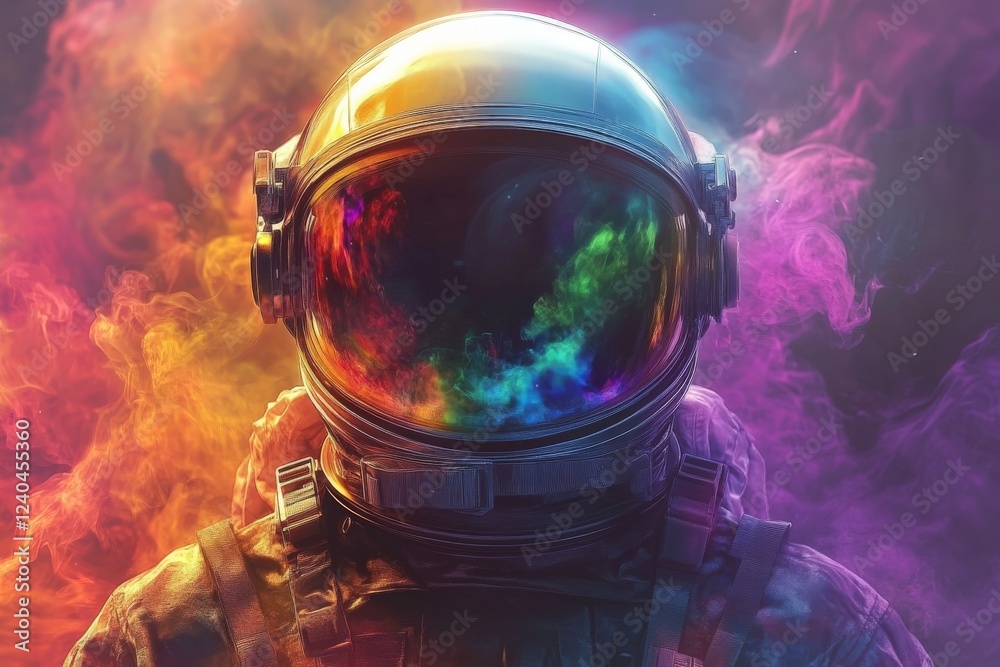 Poster astronaut in a colorful cosmic environment with vibrant smoke and light effects surrounding the figu